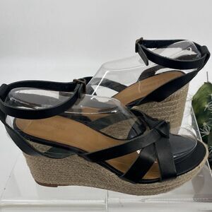 Soludos Women's Charlotte‎ Leather Wedge Espadrille Sandal Black Tan Size 8.5